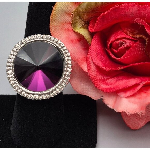 Large Statement Circular Purple Crystal Ring Silver Tone Stretch One Size - Picture 1 of 5